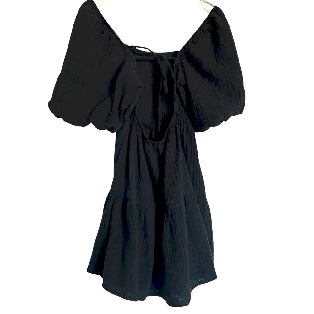 Monki square neck mini dress with tiered hem in textured black Medium - Picture 6 of 13